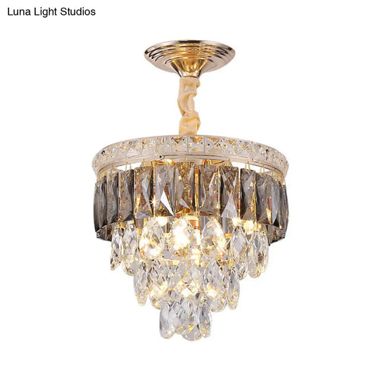Gold Leaf Chandelier - Modern Crystal Suspension Lamp For Balcony Ceiling (3-Head)