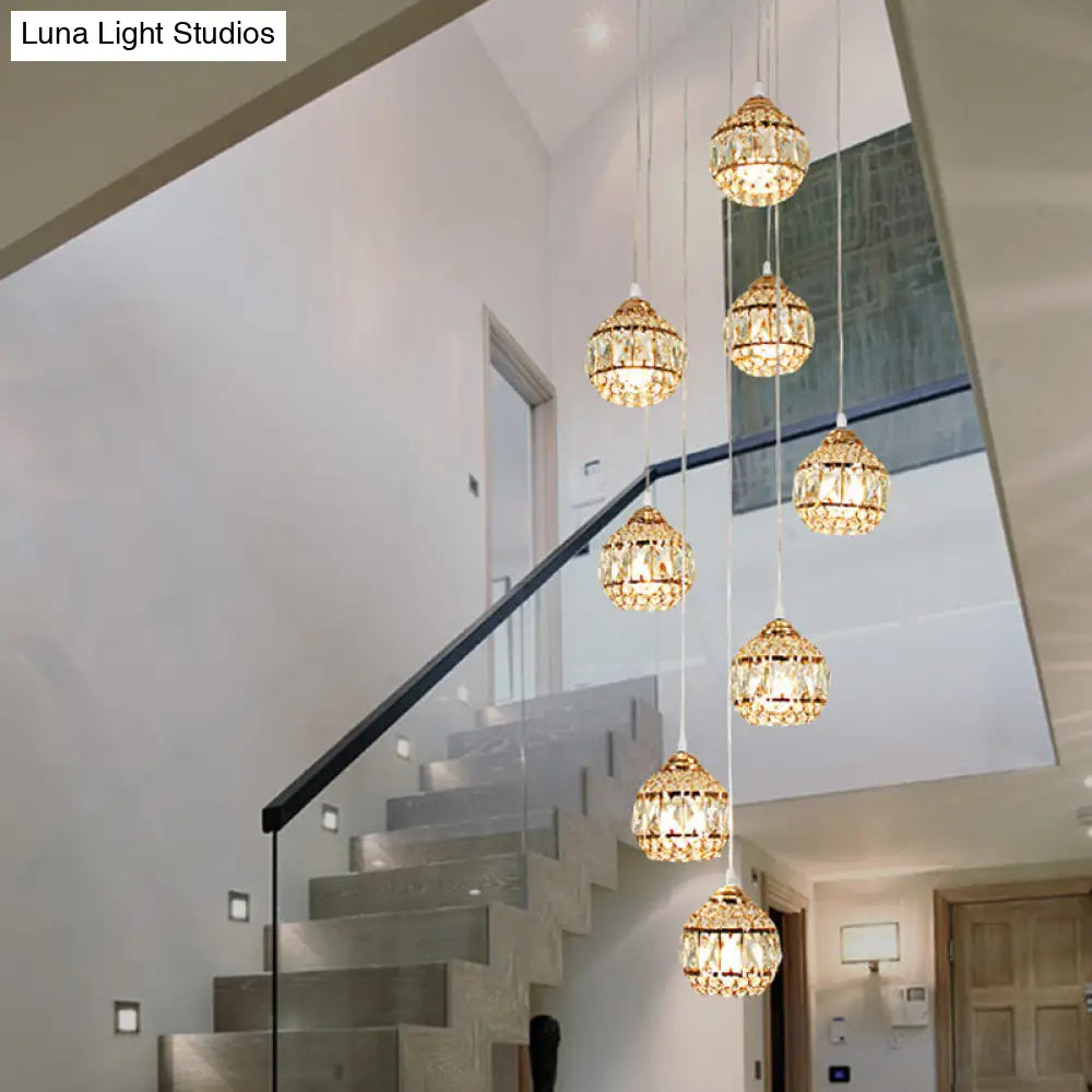 Stylish 8-Light Meteor Shower Crystal Pendant Ceiling Light In Modern Gold For Staircases