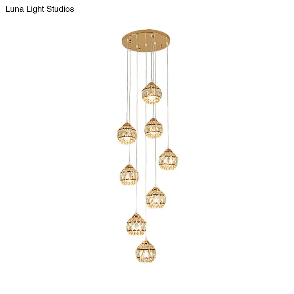 Stylish 8-Light Meteor Shower Crystal Pendant Ceiling Light In Modern Gold For Staircases