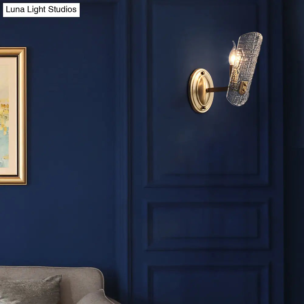 Modern Gold Curved Wall Mount Sconce With Clear Water Glass - 1/2 Lights For Living Room