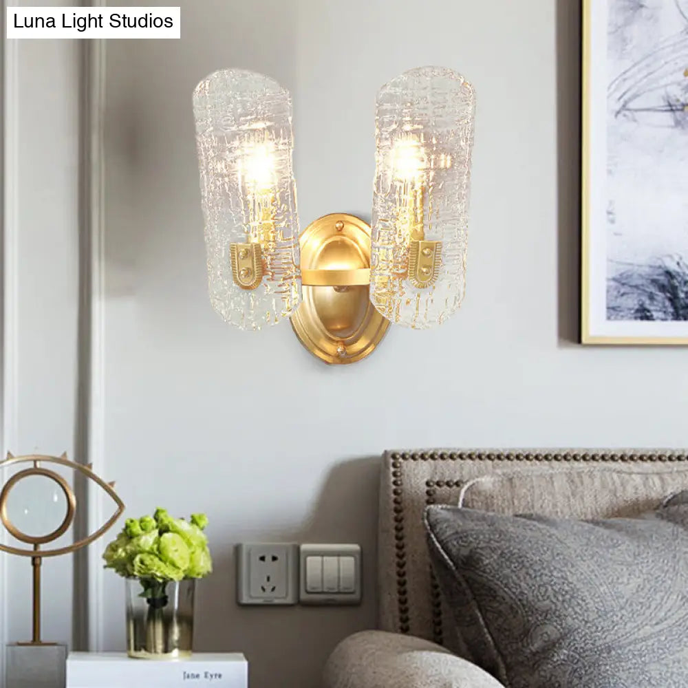 Modern Gold Curved Wall Mount Sconce With Clear Water Glass - 1/2 Lights For Living Room