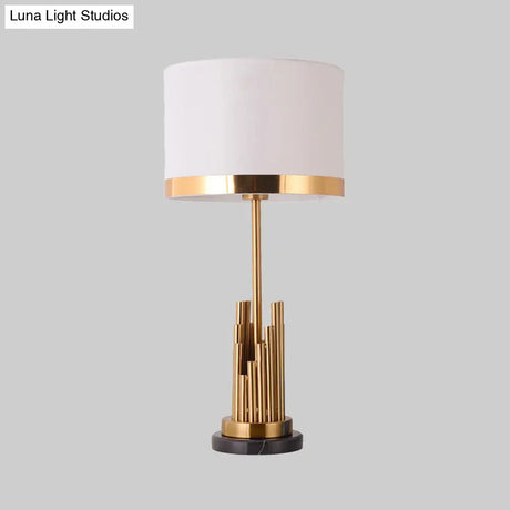 Modern Gold Desk Lamp With Cylinder Fabric Shade - Small Size Perfect For Bedroom Task Lighting!