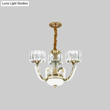 Modern Gold Drum Chandelier With Crystal Blocks - 3/5 Lights Led For Living Room