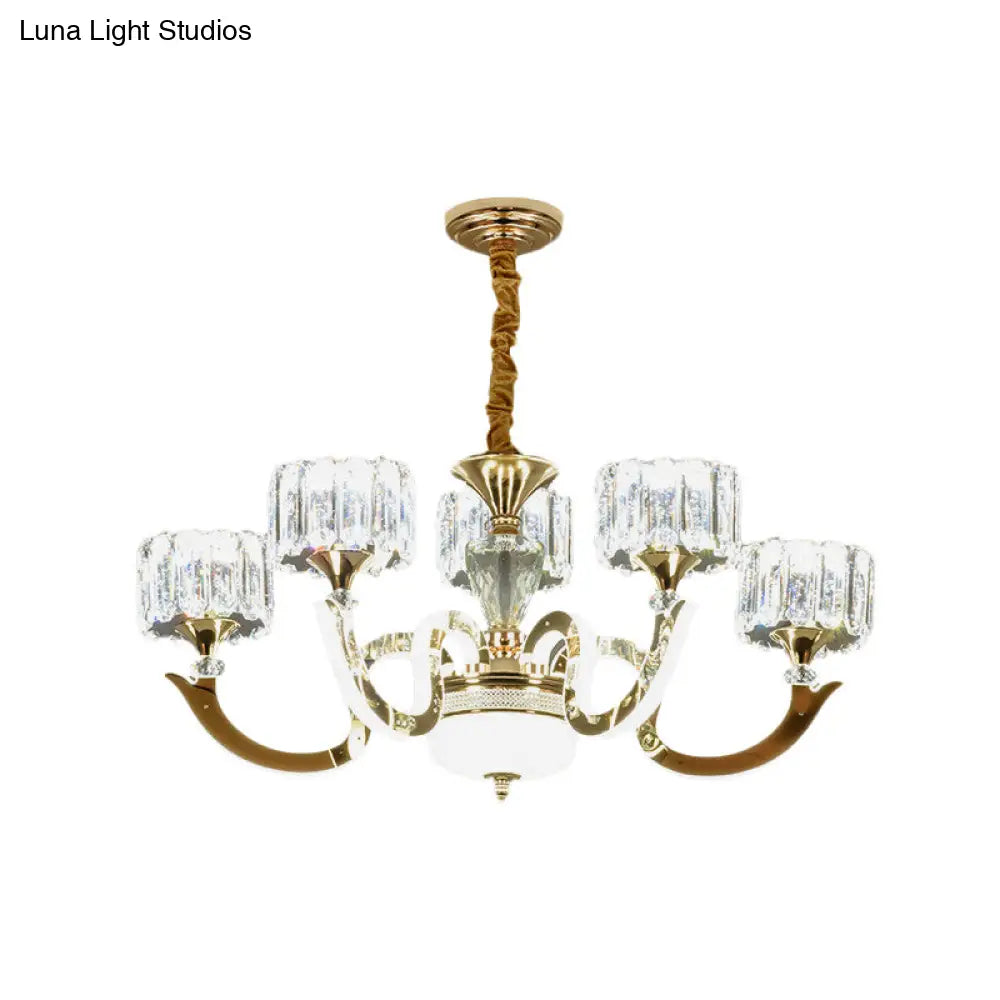 Modern Gold Drum Chandelier With Crystal Block Design - Led Ceiling Lamp For Living Room