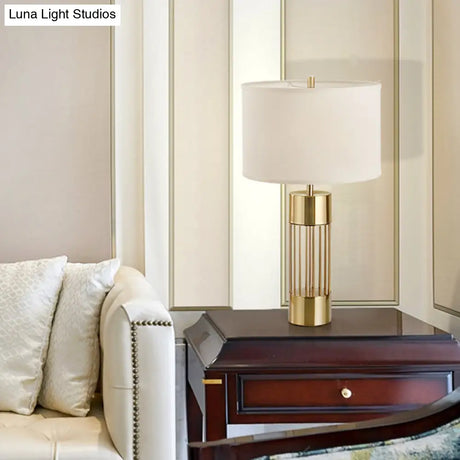 Modern Gold Fabric Shaded Desk Lamp With Laser Cut Metal Base