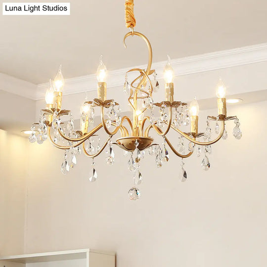 Modern Gold Finish 5/8-Light Metallic Chandelier Lamp With Crystal Deco And Curved Arm