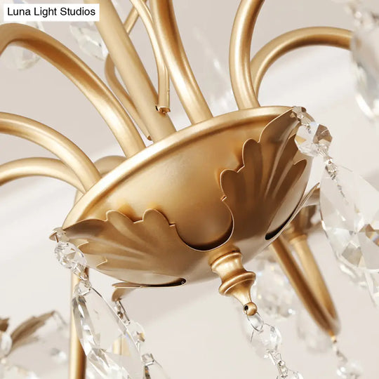 Modern Gold Finish 5/8-Light Metallic Chandelier Lamp With Crystal Deco And Curved Arm