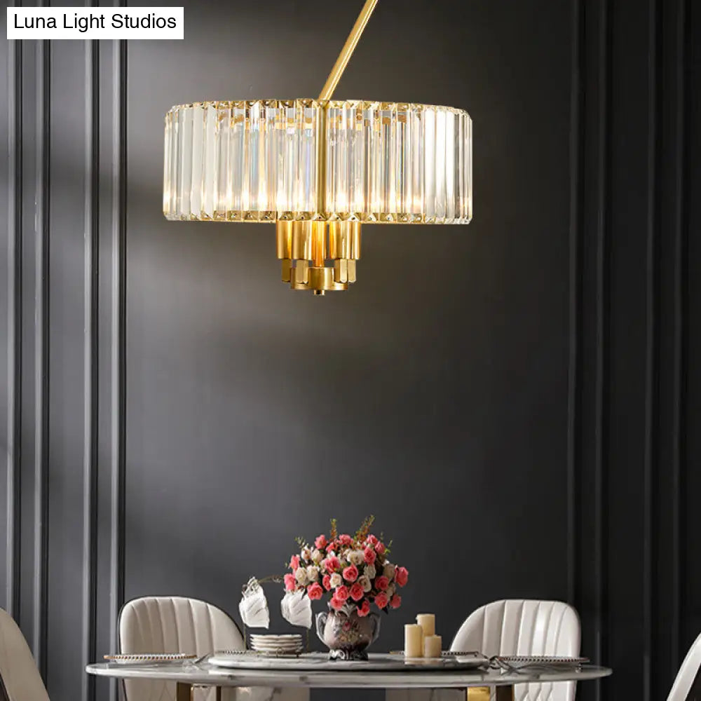 Modern Crystal Pendant Chandelier With Clear Drum Shade And Gold Finish (3/4/6 Lights)