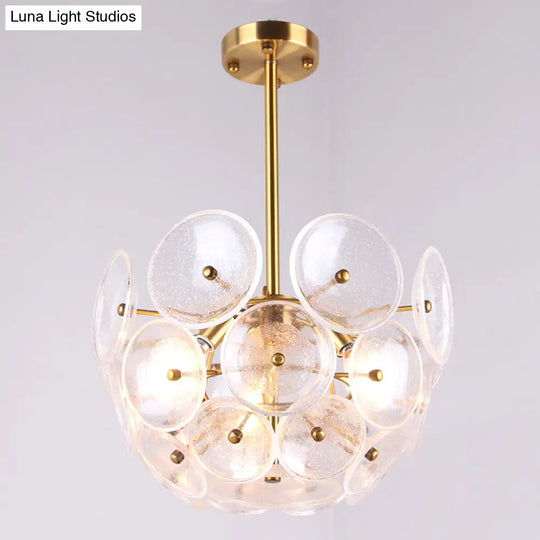 Modern Gold Finish Hanging Chandelier With Clear Glass Discs Triple Light Pendant Lamp
