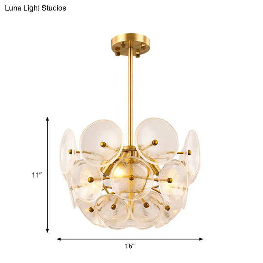 Modern Gold Finish Hanging Chandelier With Clear Glass Discs Triple Light Pendant Lamp