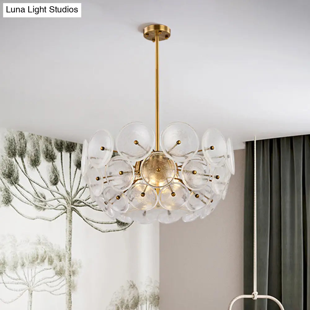 Modern Gold Finish Hanging Chandelier With Clear Glass Discs Triple Light Pendant Lamp