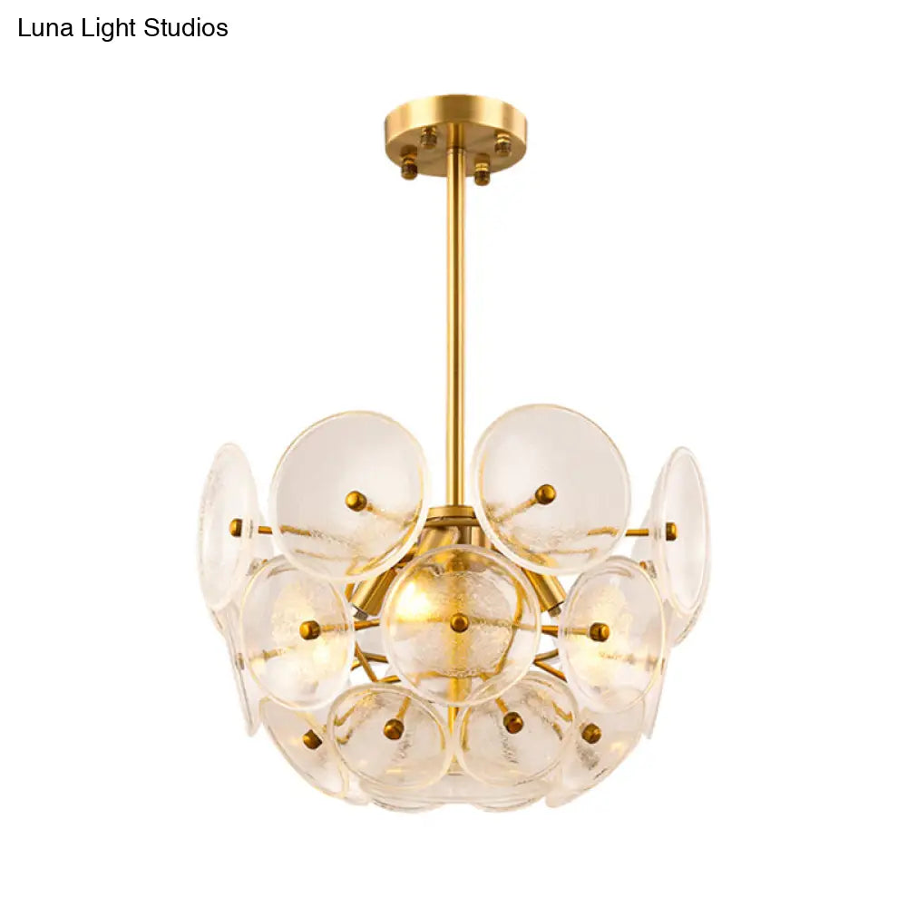 Modern Gold Finish Hanging Chandelier With Clear Glass Discs Triple Light Pendant Lamp
