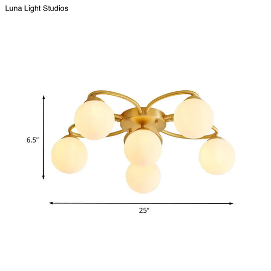 Modern Gold Flower Design 6-Head Orb Bedroom Semi Flush Ceiling Lamp With Opal Glass