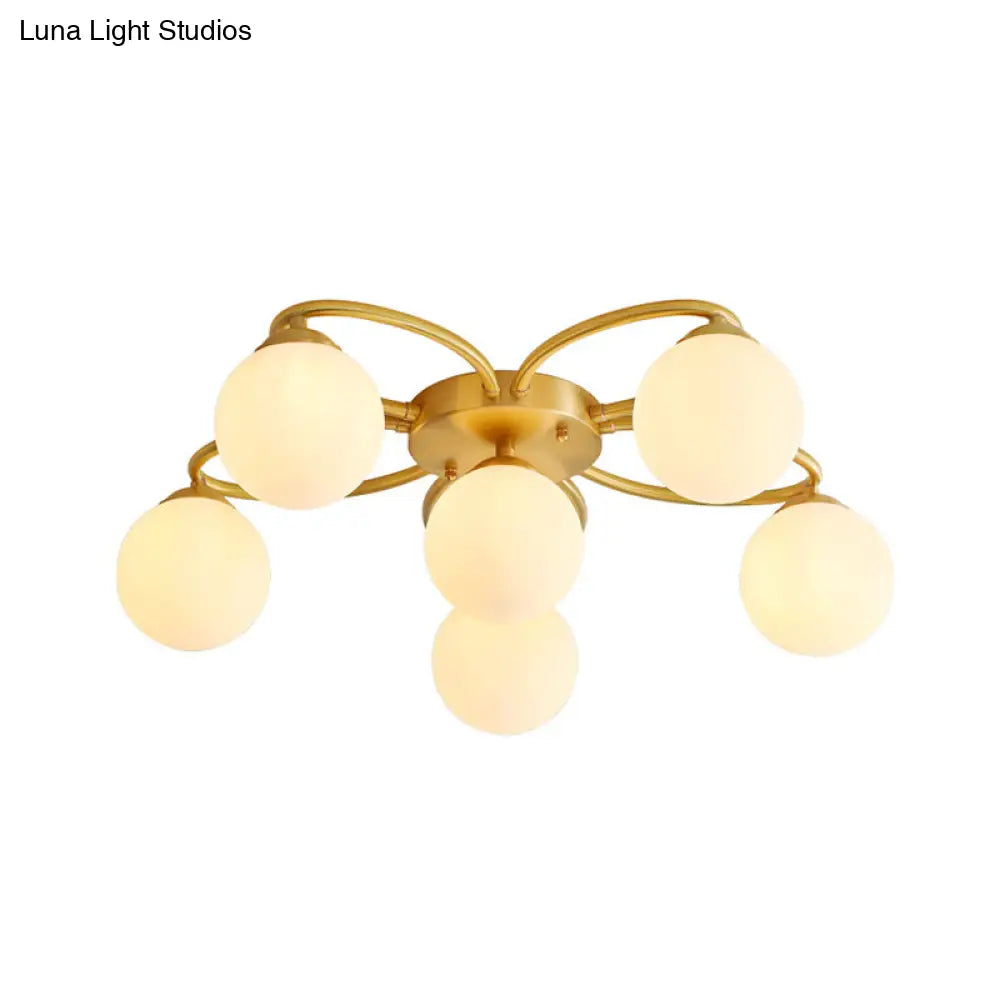 Modern Gold Flower Design 6-Head Orb Bedroom Semi Flush Ceiling Lamp With Opal Glass