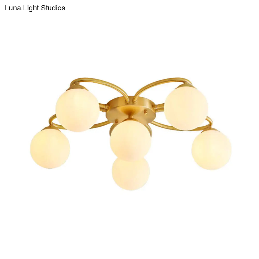 Modern Gold Flower Design 6-Head Orb Bedroom Semi Flush Ceiling Lamp With Opal Glass