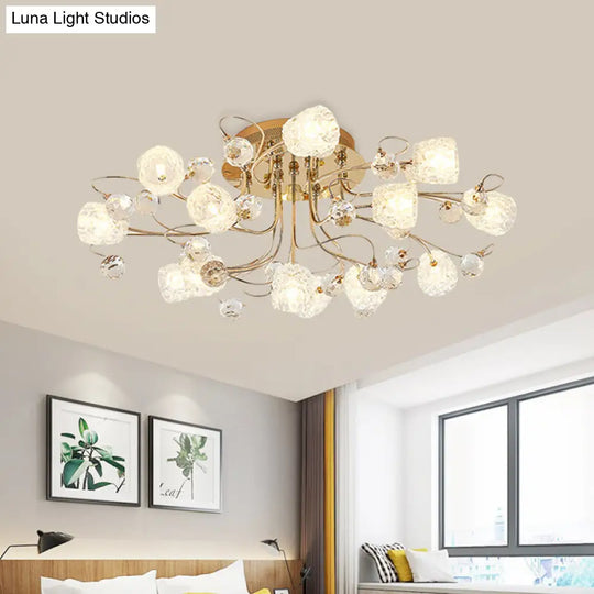 Modern Gold Flowerbud Ceiling Lamp With Bubble Glass - 13-Light Semi Flush Chandelier