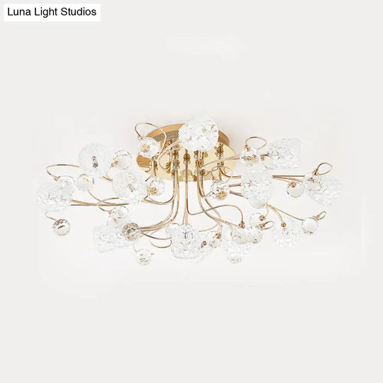 Modern Gold Flowerbud Ceiling Lamp With Bubble Glass - 13 - Light Semi Flush Chandelier