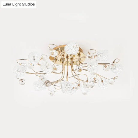 Modern Gold Flowerbud Ceiling Lamp With Bubble Glass - 13 - Light Semi Flush Chandelier