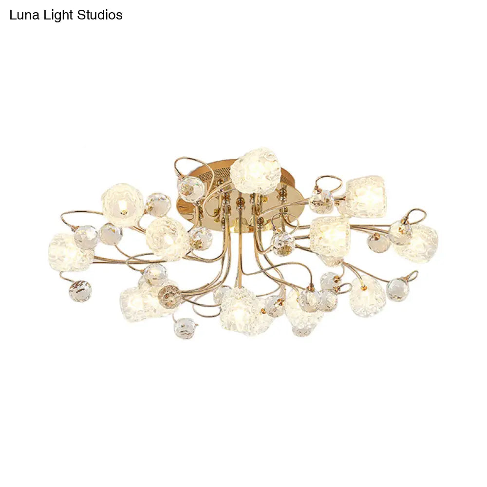 Modern Gold Flowerbud Ceiling Lamp With Bubble Glass - 13-Light Semi Flush Chandelier