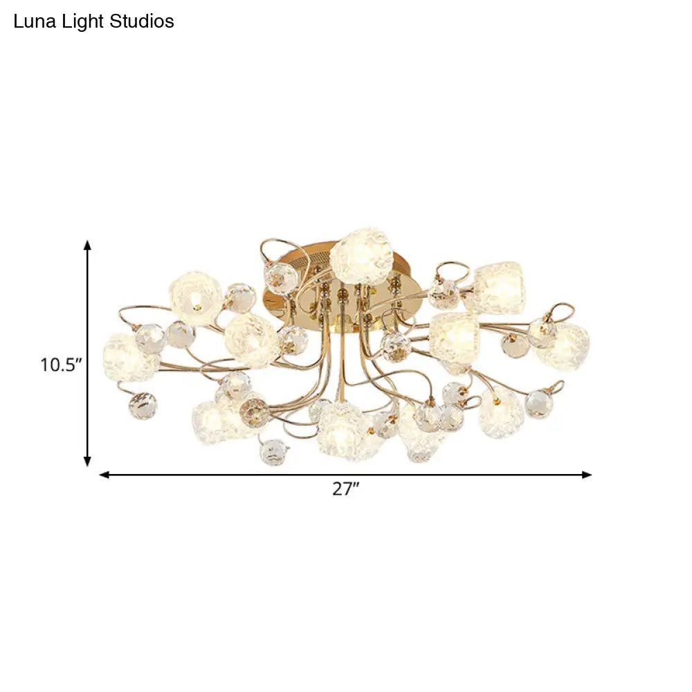 Modern Gold Flowerbud Ceiling Lamp With Bubble Glass - 13-Light Semi Flush Chandelier