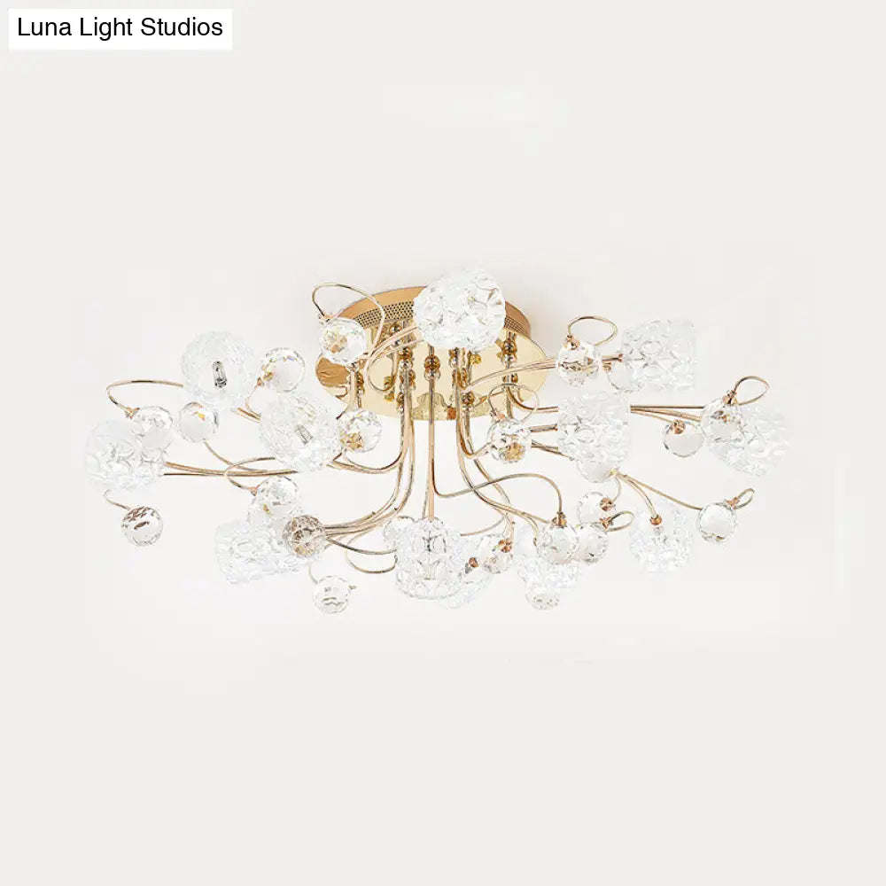 Modern Gold Flowerbud Ceiling Lamp With Bubble Glass - 13-Light Semi Flush Chandelier