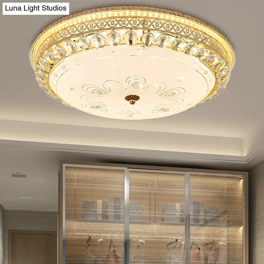 Modern Gold Flush Mount Ceiling Light With Opal Glass Led And Crystal Accent - 16/19.5 W Round For