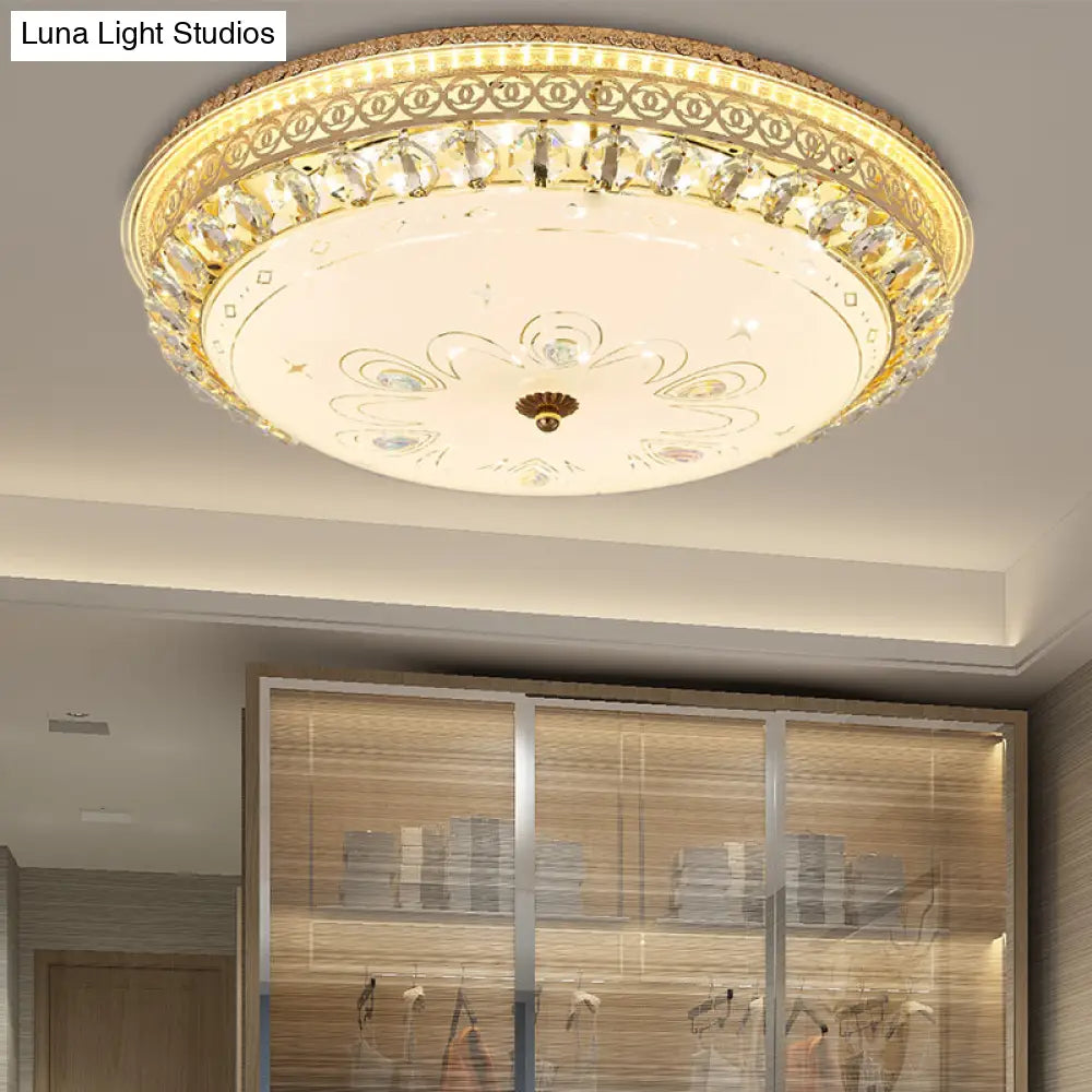 Modern Gold Flush Mount Ceiling Light With Opal Glass Led And Crystal Accent - 16’/19.5’ W