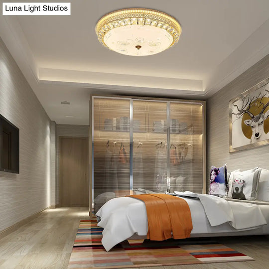 Modern Gold Flush Mount Ceiling Light With Opal Glass Led And Crystal Accent - 16’/19.5’ W