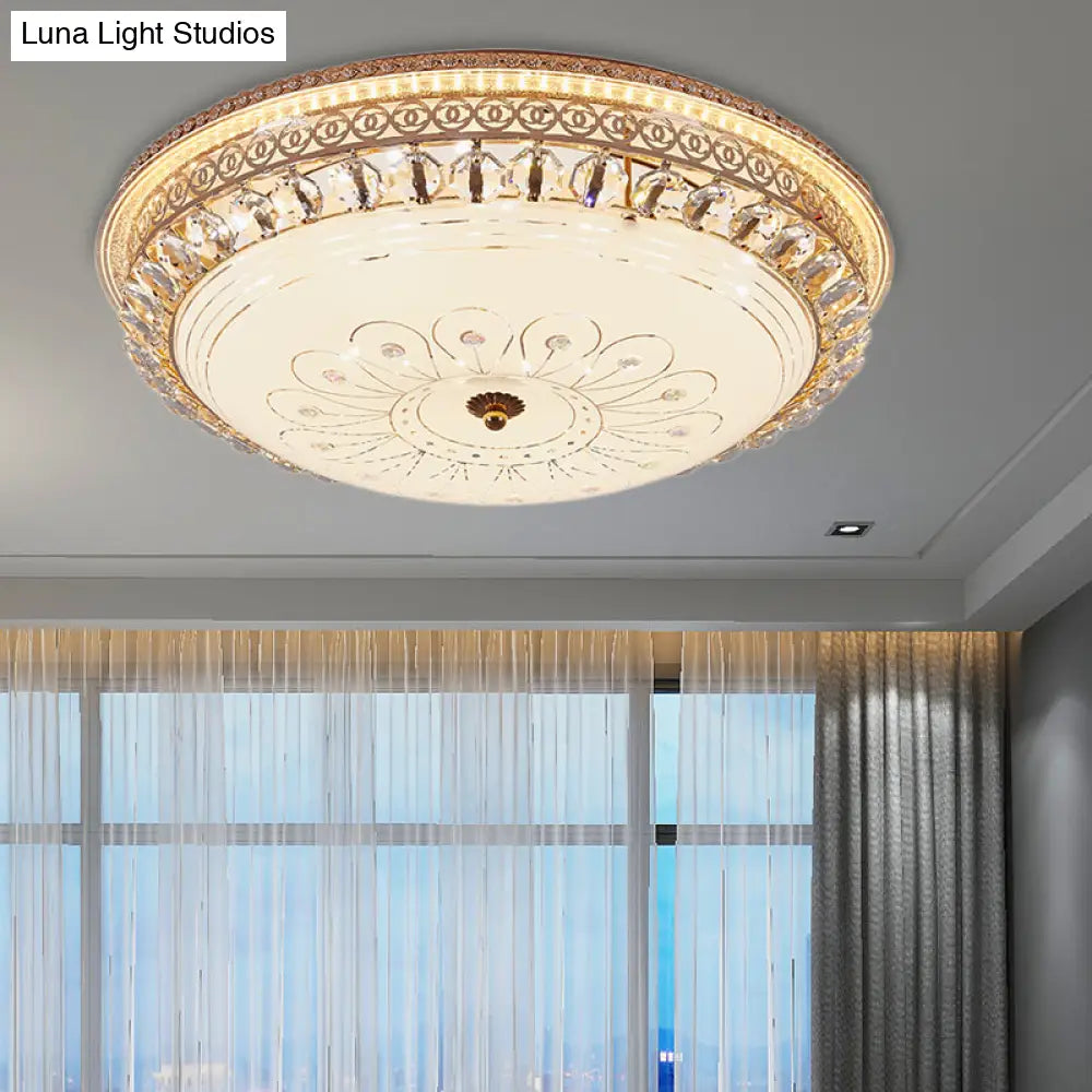 Modern Gold Flush Mount Ceiling Light With Opal Glass Led And Crystal Accent - 16/19.5 W Round For