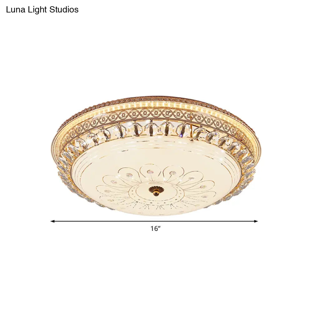 Modern Gold Flush Mount Ceiling Light With Opal Glass Led And Crystal Accent - 16/19.5 W Round For
