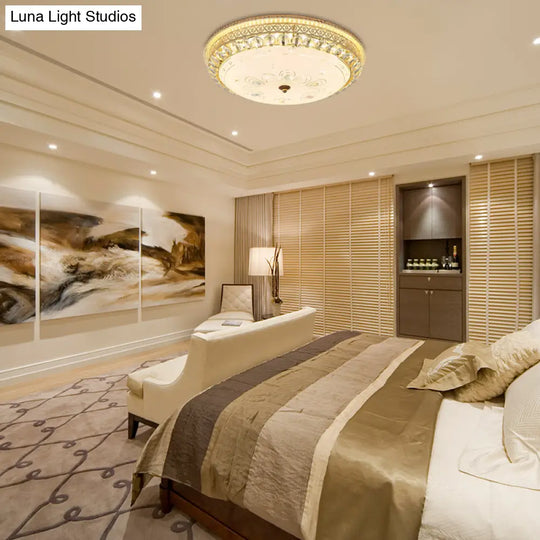 Modern Gold Flush Mount Ceiling Light With Opal Glass Led And Crystal Accent - 16/19.5 W Round For