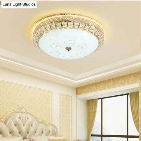 Modern Gold Flush Mount Ceiling Light With Opal Glass Led And Crystal Accent - 16’/19.5’ W