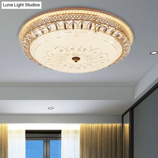 Modern Gold Flush Mount Ceiling Light With Opal Glass Led And Crystal Accent - 16’/19.5’ W