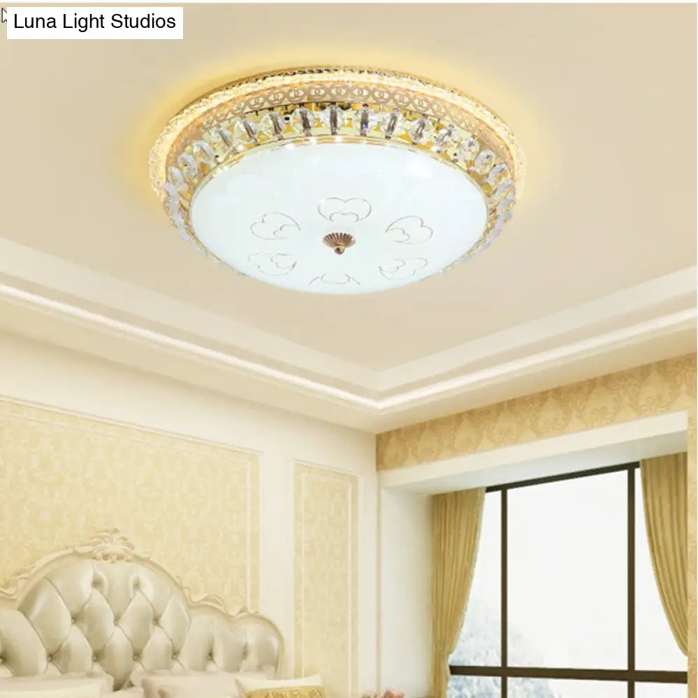 Modern Gold Flush Mount Ceiling Light With Opal Glass Led And Crystal Accent - 16/19.5 W Round For