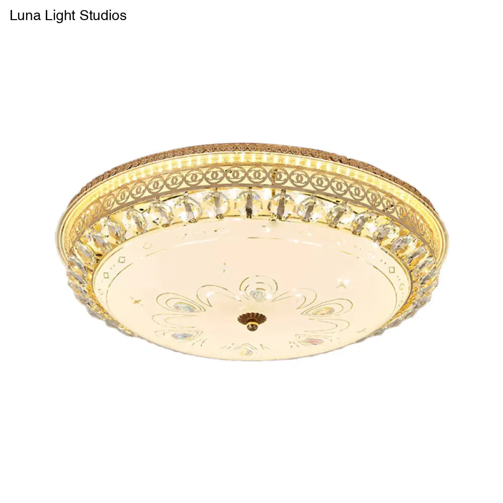 Modern Gold Flush Mount Ceiling Light With Opal Glass Led And Crystal Accent - 16’/19.5’ W