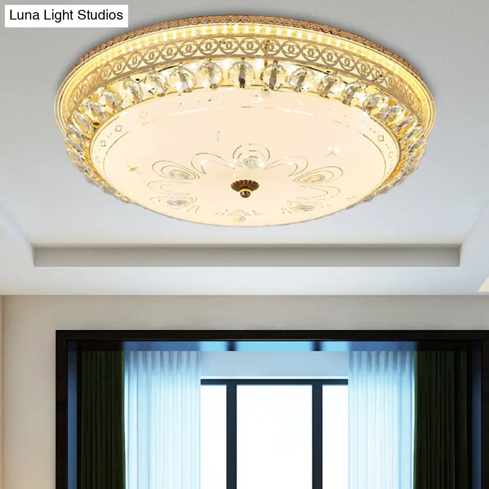 Modern Gold Flush Mount Ceiling Light With Opal Glass Led And Crystal Accent - 16/19.5 W Round For