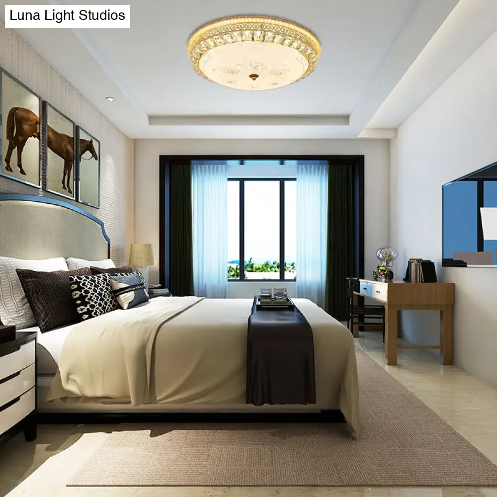 Modern Gold Flush Mount Ceiling Light With Opal Glass Led And Crystal Accent - 16’/19.5’ W