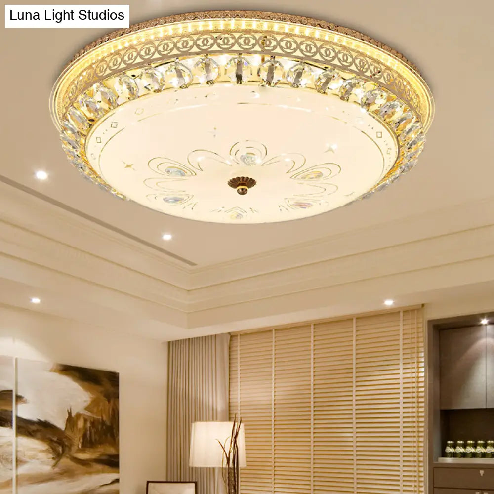 Modern Gold Flush Mount Ceiling Light With Opal Glass Led And Crystal Accent - 16/19.5 W Round For