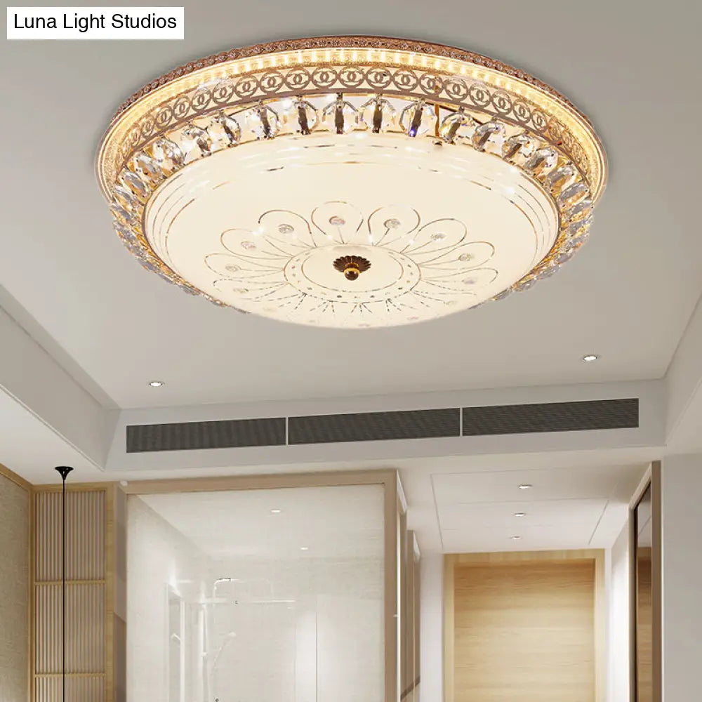 Modern Gold Flush Mount Ceiling Light With Opal Glass Led And Crystal Accent - 16’/19.5’ W