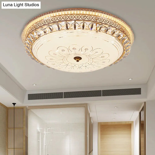 Modern Gold Flush Mount Ceiling Light With Opal Glass Led And Crystal Accent - 16’/19.5’ W