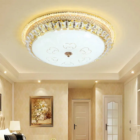 Modern Gold Flush Mount Ceiling Light With Opal Glass Led And Crystal Accent - 16’/19.5’ W