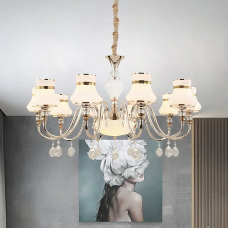 Modern Gold Frosted Glass Pendant Lamp With Crystal Draping - 10-Light Flared Ceiling Chandelier