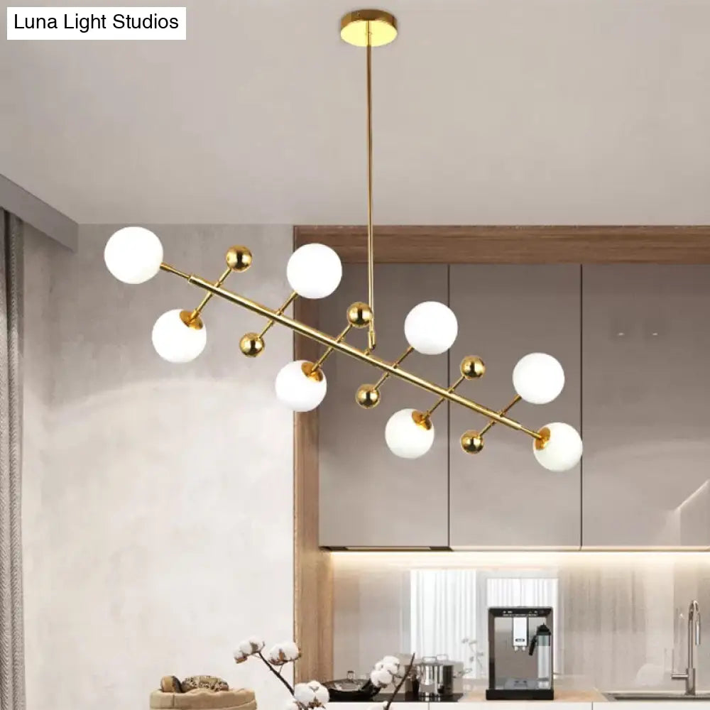 Modern Gold Hotel Linear Chandelier - Opal Glass 8 Lights Ceiling Pendant