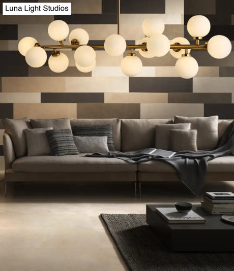 Modern Gold Island Pendant Lighting With 16 Lights - Spherical Glass Ceiling Light For Living Room