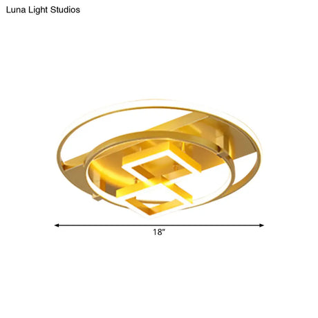 Modern Gold Led Flush Mount Ceiling Light For Bedrooms - Square & Circle Metallic Design Fixture