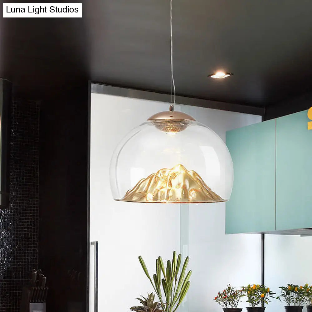 Contemporary Gold Led Pendant Lamp With Clear Glass Hemisphere And Lava Designed Bottom - Warm/White