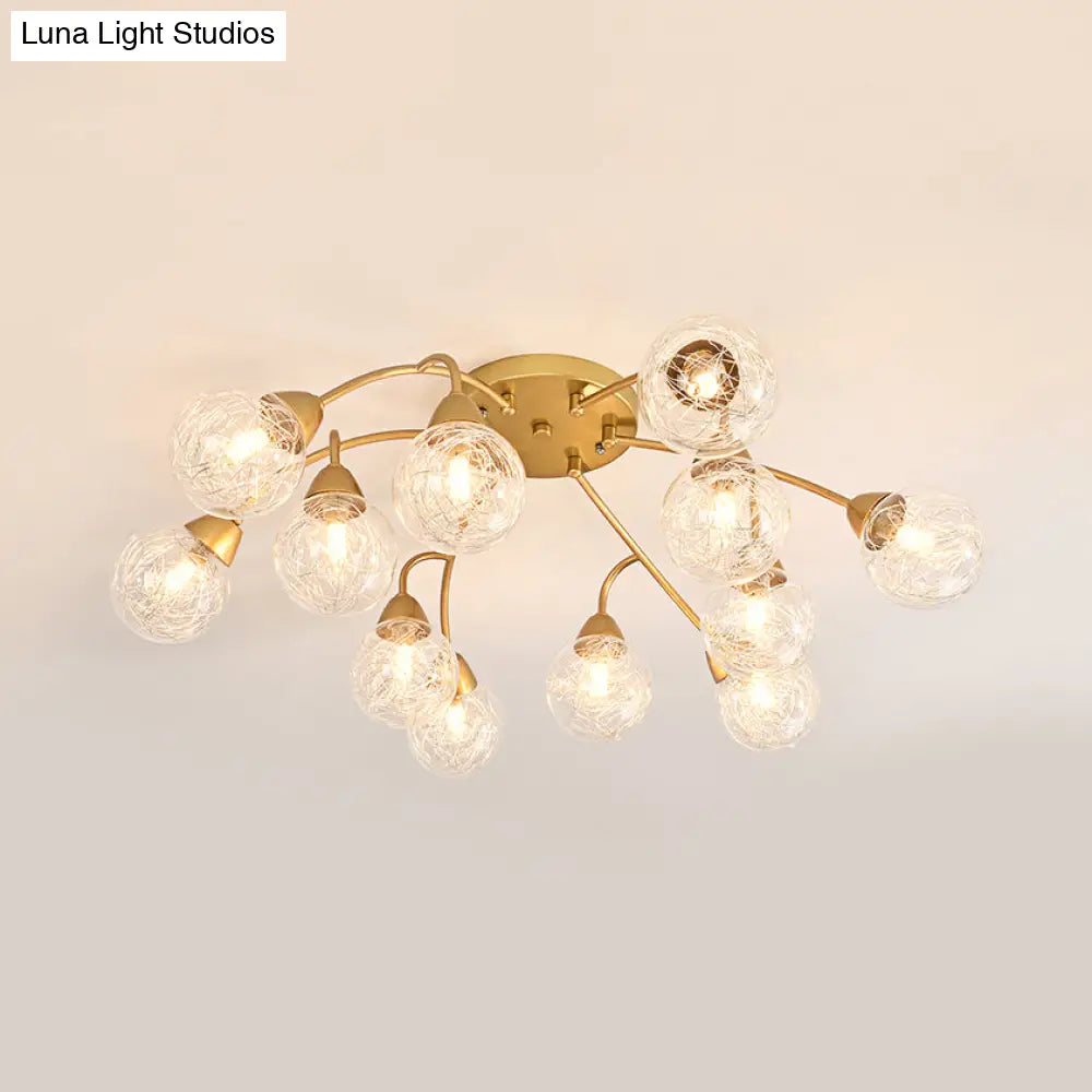 Modern Gold Led Semi Flush Ceiling Light With Clear Glass Sphere Shades - 6/12-Light Bedroom