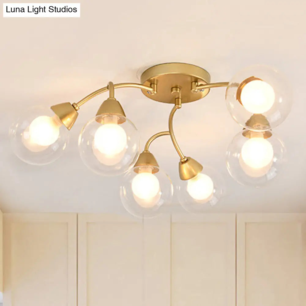 Modern Gold Led Semi Flush Ceiling Light With Clear Glass Sphere Shades - 6/12-Light Bedroom