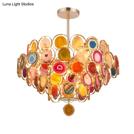 Modern Gold Metal Chandelier Light With Colorful Agates - 5-Tiered Ceiling Pendant 12-Light Design