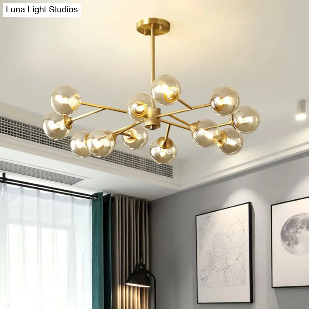 Modern Gold Metal Chandelier With Amber Glass Shade For Bedroom Ceiling